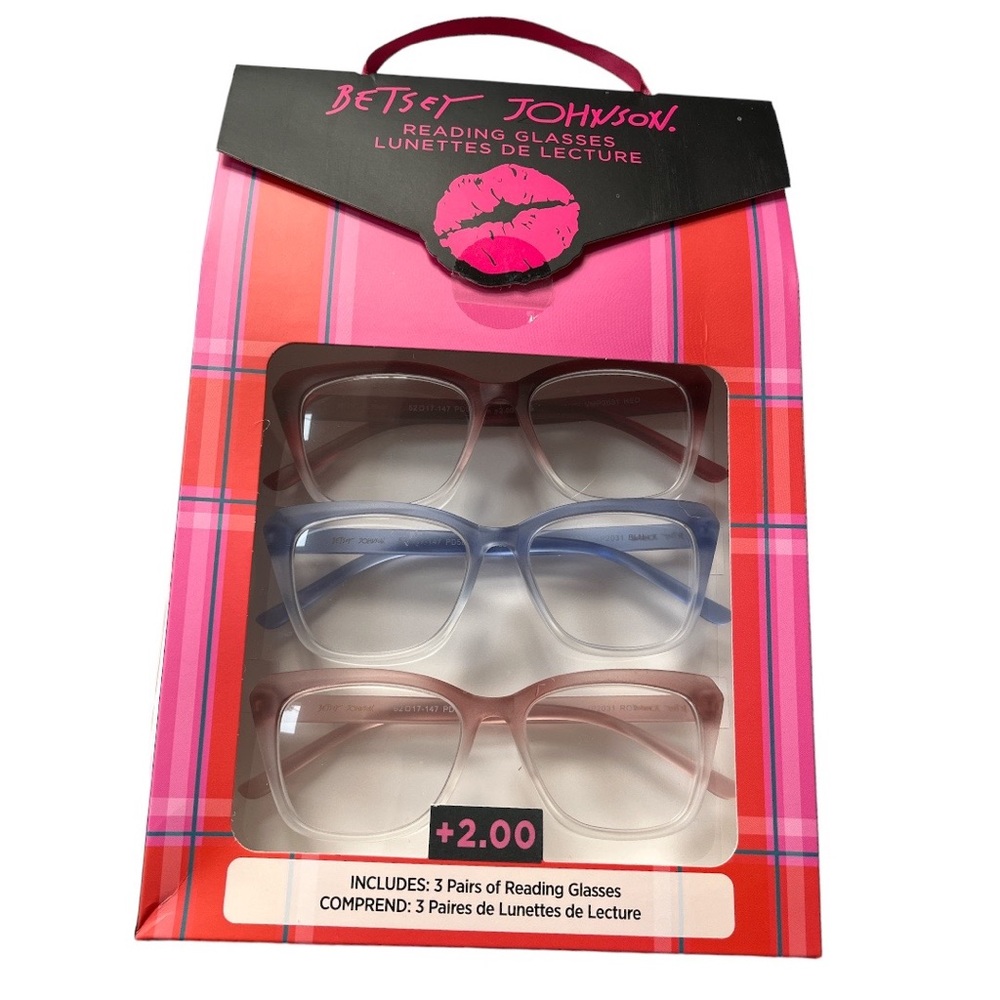 Betsey Johnson 3 Pack Reading Glasses Clear Red Blue Pink Strength +2.00